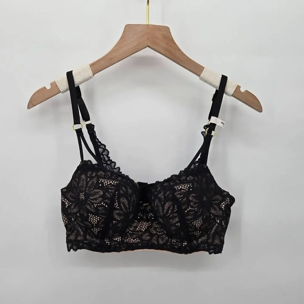 Aerie Bra 32C Black Lace Balconette Underwire Back Closure